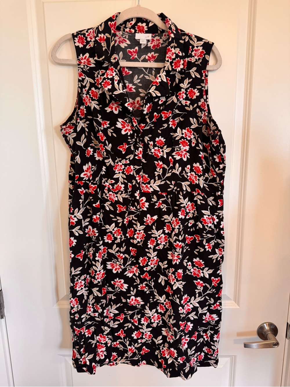 J. Jill Floral Sleeveless Shirt Dress Button V-Neck Rayon Black Red Plus 1X